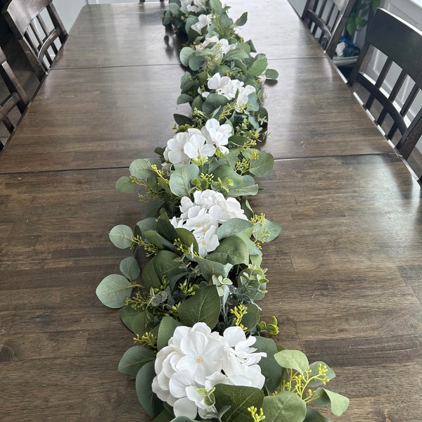 Floral Eucalyptus Garland,Artificial Seeded,Silver Dollar & Baby Blue,Table Runner,Wedding Strand,Mantel Table Centerpiece,White Hydrangeas
