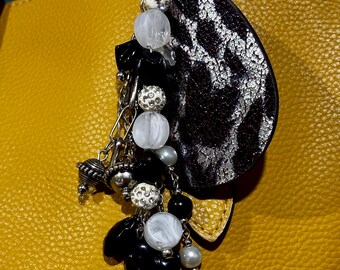 Upcycled Jewelry Bag Charm: Silver, Black & White Beaded Pendant