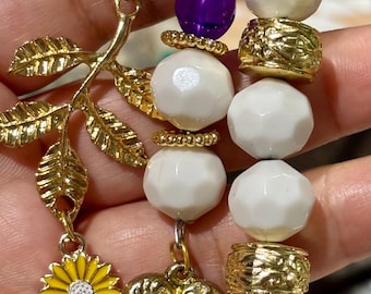 Charming White and Gold Beaded bag backpack charm with Purple Accent