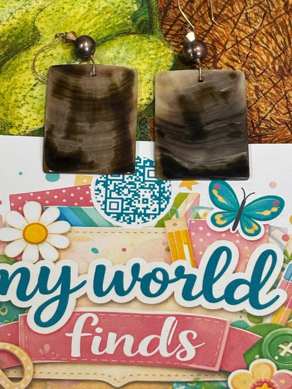 Handcrafted Shell Rectangle Dangle Earrings Brown… - image 1