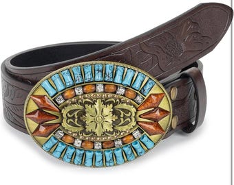 Western Cowboy Belt for Women faux Turquoise Bead Buckle Belt