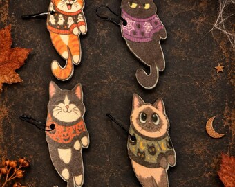 4 Halloween Cat Journal Charms, Handmade Wooden Kitty Dangles, Spooky Junk Journal Accessories, One of a Kind Set