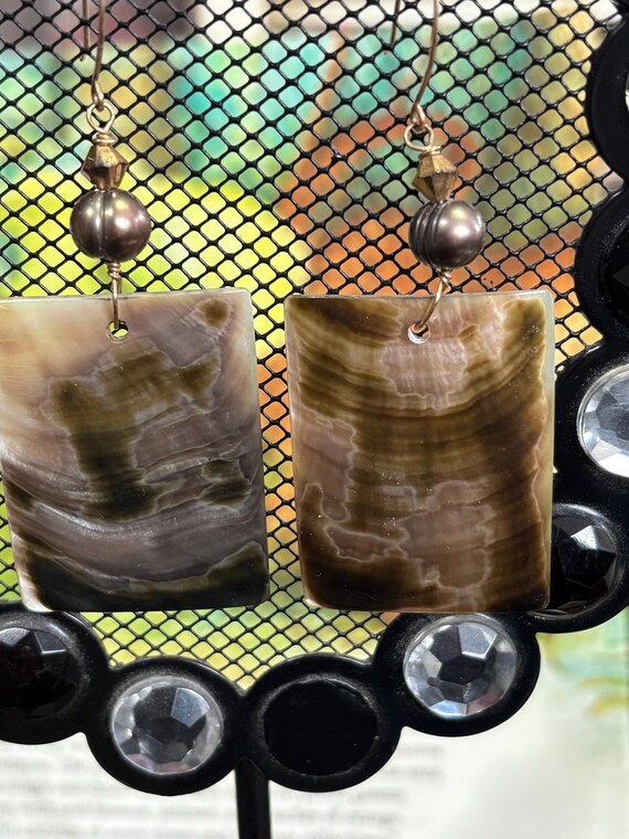 Handcrafted Shell Rectangle Dangle Earrings Brown… - image 3