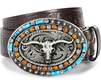 Women-men Western Cowboy Belt PU Leather Longhorn Bull Faux  display picture 1