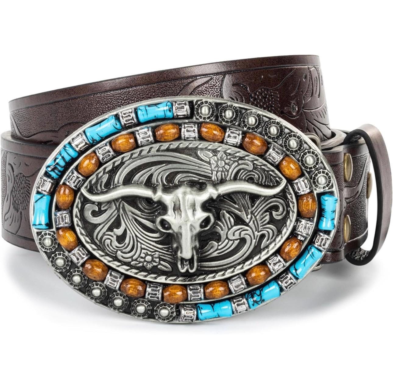 Vintage Style Faux Turquoise-buckle-engraved-cowgirl-belts  display picture 1