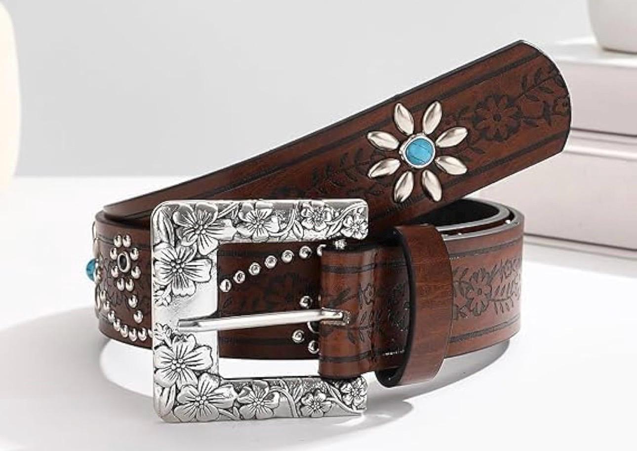 Women\'s Brown 1 Western Pu Leather Longhorn Bull Turquoise Embossed Buckle Belt Western-Leather-Belts for Women Turquoise-Oval-Buckle  main image 2