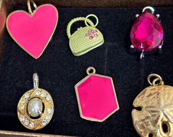 Vintage Pink Gold Metal Enamel Pearl Rhinestone Charms Pendants Set Assorted Pink Gold 6