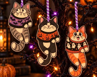 Set of 3 Spooky Cat Halloween Ornaments, Wooden Halloween Tree Decor