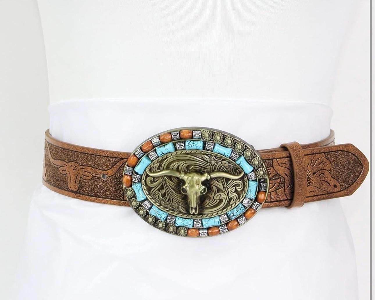 Women\'s Western Cowboy Belt PU Leather Longhorn Bull Turquoise Embossed Buckle Amazon.com: Mealah Western-Turquoise-Cowboy-Belt for Men  main image 2