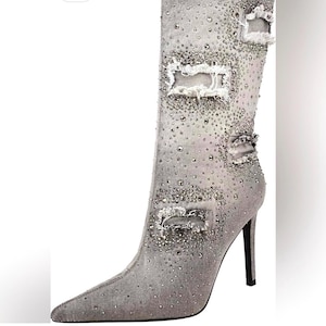 vintage Pointed Toe Denim Boots Stiletto Heel Glitter Mid-Calf Booties