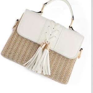 Bolsos de hombro elegantes de paja blanca y tostada, bolso de mano cruzado, bolso de mano con borlas