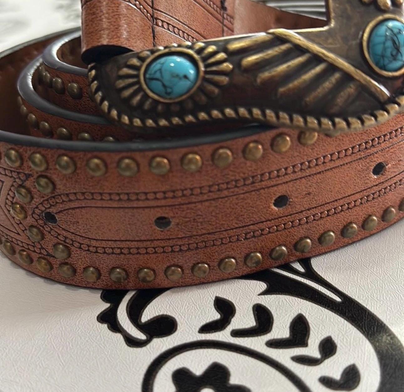 L&B Brown and Blue Belt with Turquoise Accent Brown Turquoise Belt - Etsy main image 4