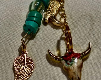 Handmade Junk Journal Dangle Charms, Turquoise Beads, Bull Skull