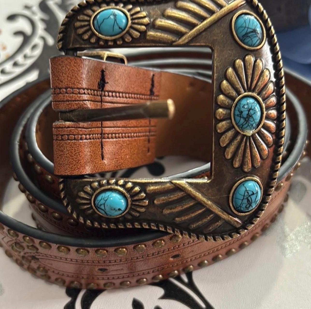 Brown Suede Belt with Turquoise Stone Oval Buckle TURQUOISE Belt | Brown Suede| SILVER OSTRICH x ARIZONA LOVE main image 3