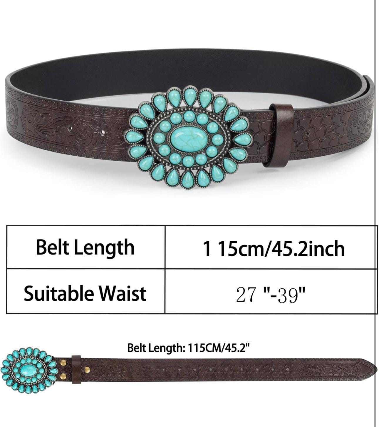 Faux Leather Rhinestone Western Belt with Turquoise Carved Pattern Rhinestone Western Belt: Cowgirl Cowboy Turquoise Studded PU  main image 3