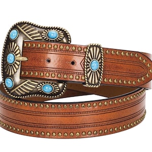 Brown Leather Belt with Turquoise Crystal Accents B941 - Brown Thunderbird Concho Belt - Double J Saddlery main image 2
