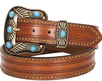 Brown and blue leather belt with turquoise stone accents