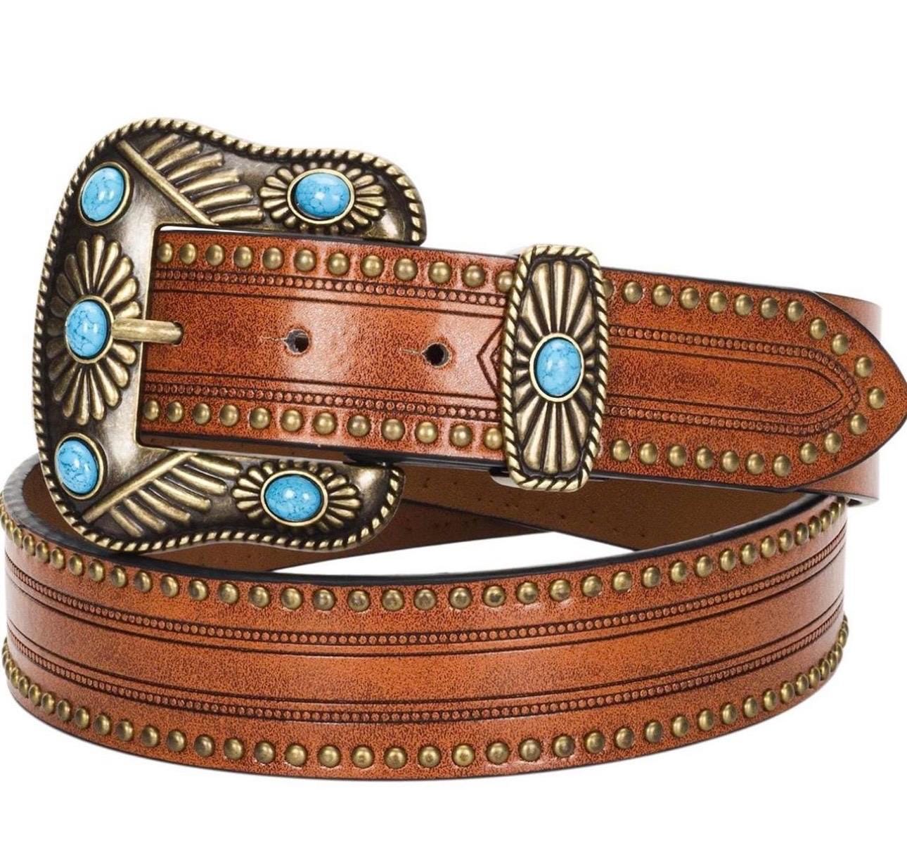 Brown and Blue Leather Belt With Turquoise Stone Accents - Etsy display picture 1