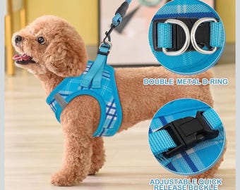 Blue Plaid Adjustable Dog Harness & Reflective Leash Set, Quick Release, size M