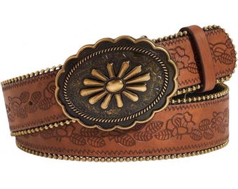 Embossed Western Cowboy Belt: Brown PU Leather, Retro Flower Buckle, Cowgirl Waistband
