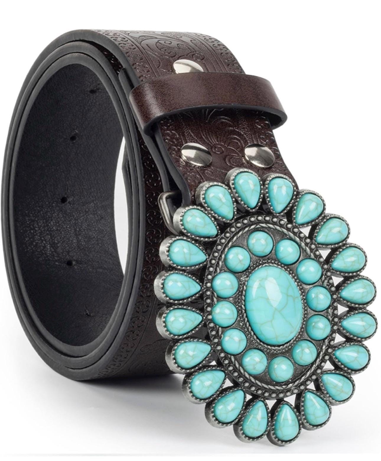 Leatherwork Brown Leather Studded Belt Large Buckle Embellished Turquoise 34 Bradley - Western Black Or Brown Turquoise Belt Silver Studs  main image 3