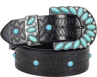 Black Leather Western Belt: Faux Turquoise, Silver Flowers  display picture 1