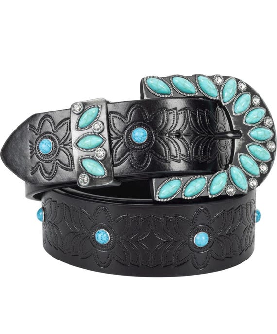 Black Leather Western Belt: Faux Turquoise, Silver Flowers  display picture 1