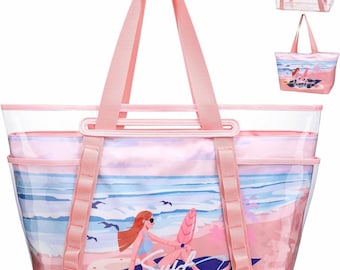 Pink Clear Beach Tote Bag, Waterproof PVC Beach Bag, Sandproof Zipper Tote, Large Summer Pool Bag, Convertible 2-in-1 Beach Carryall
