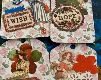 Handmade Floral/girls Themed Decorative Tags and envelope Set mixed media