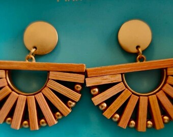 Pink Linen Wooden Half Circle Earrings