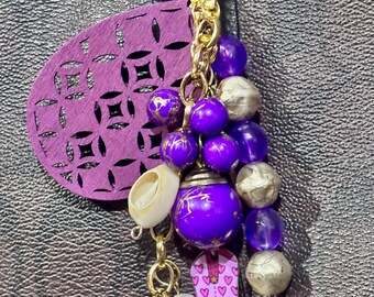 Western style Purple and Gold Beaded Charm bag backpack purse charm upcycled jewelry