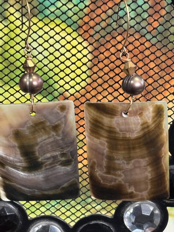Handcrafted Shell Rectangle Dangle Earrings Brown… - image 2