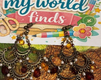 Vintage Bohemian Cascade Chandelier Earrings in Amber and Pearl