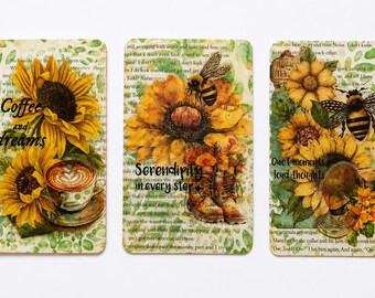 Handmade Junk Journal Cards Set | Bee Sunflower Collage Art (Set of 3)