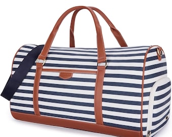 Blue and White vintage style Striped Duffel Bag with Leather Accents