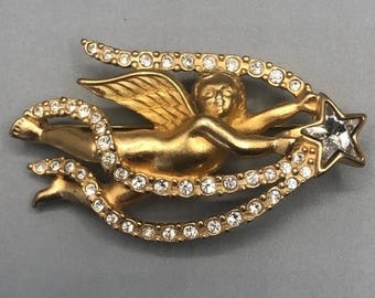 Swarovski Signed Gold Plated Star Angel Pin Brooch set with Clear Crystals