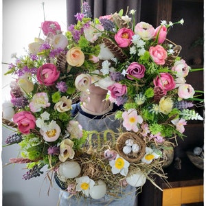 Spring Easter Front Door Wreath, Easter Wall Decoration, Farmhouse Easter Flower Door Wreath, Artificial Faux Foliage Flowers Door Wreath