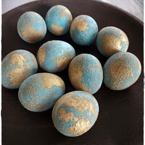 10 pcs. Rustic Turquoise Decorative Gilded Easter Eggs: handmade, painted, plastic spring table decor