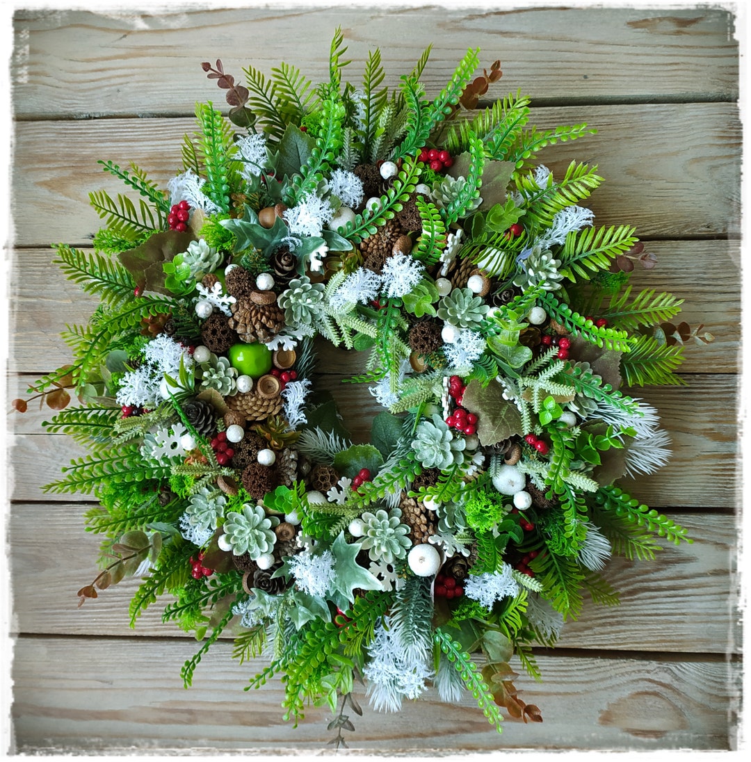 Evergreen Winter Christmas Front Door / Wall Wreath, Rustic ...