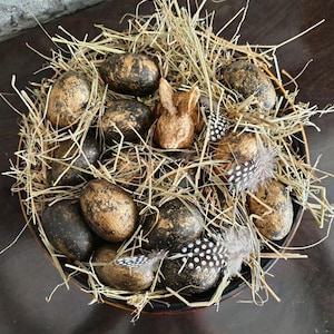 Könnte beinhalten: Eine dekorative Osterdekoration in einer dunklen Schale mit gesprenkelten Eiern in Schwarz und Gold, eingebettet in Stroh. Eine kleine, braune Hasenfigur sitzt zwischen den Eiern, mit dekorativen Federn.