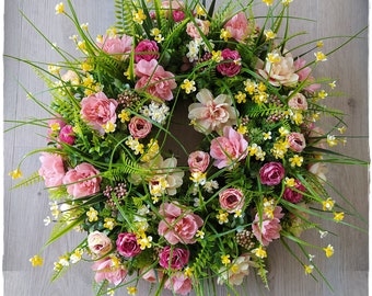 Elegante corona de puerta principal de verano de lujo, decoración de puerta/pared de flores de jardín de sombra fucsia rosa, corona de boda de granja, regalo del Día de la Madre