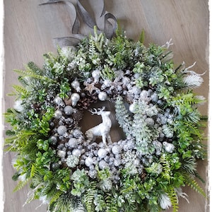 Luxury Christmas Wreath for Front Door, Farmhouse Christmas Wall Decor, Festive Christmas Wreath, Snowy Silver Winter Door Decor with Deer