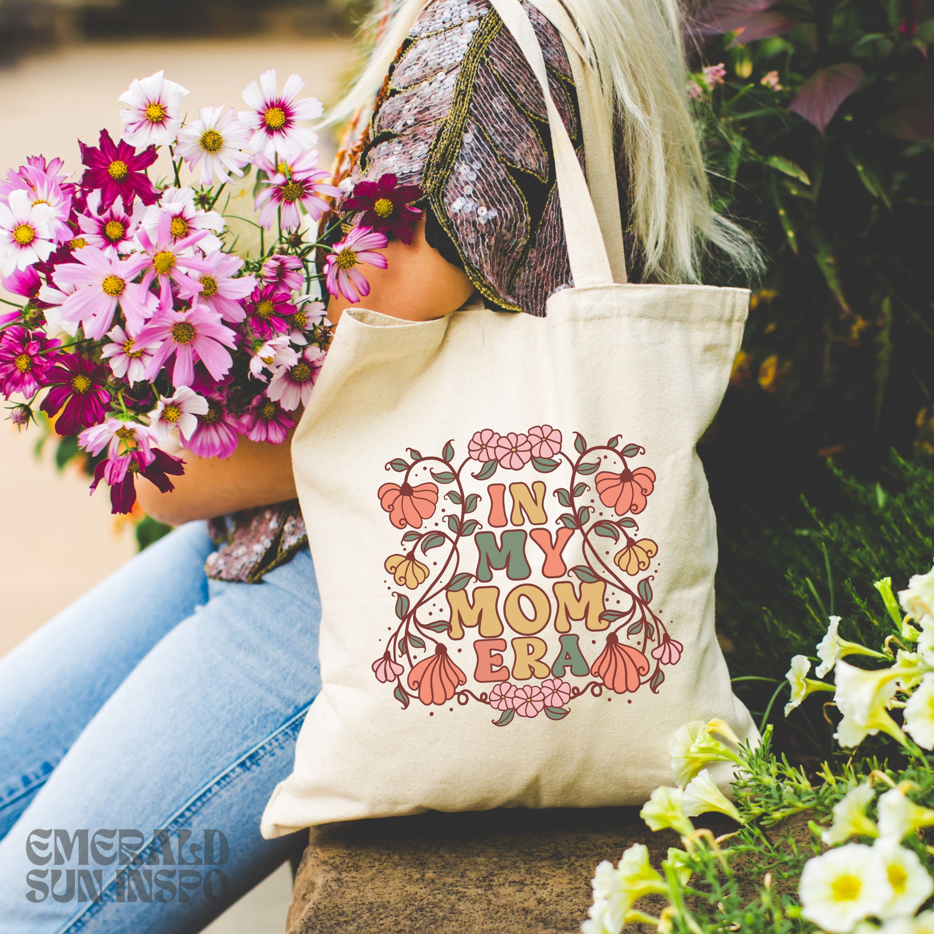 Retro Wildflower Mom Era Canvas Tote Bag, Sweet Gift for Mom