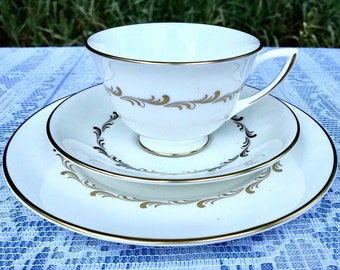 Royal Doulton Tea Cup Trio, Elegant Gold Scrollwork, English White Bone China, Retired Rondo Pattern, Replacement China, Tea Party Decor