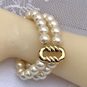Double-Strand Pearl Bracelet, Embossed Goldtone Center Ring, Foldover Clasp, Faux Pearl Jewelry, June Birthstone, Vintage Wedding Bracelet