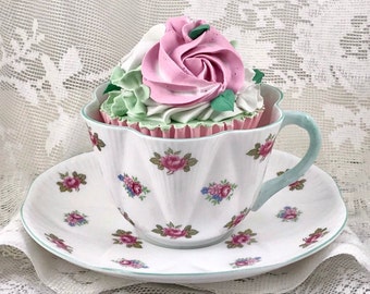 Shelley Rosebud Tea Cup with Blue & Pink Flowers, Hand-Painted Handle and Trim, Dainty Shape Fluted Tea Cup, English Fine Bone China