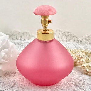 Pink Perfume Bottle, Frosted Glass, Unique Shape, Gold Tone, Pink Bedroom Decor, Girl&#39;s Vanity Decor, Collectible Vintage Perfume Bottle