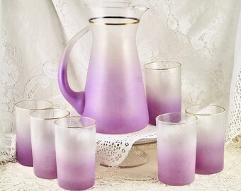 Blendo Pitcher Set, Lavender Pink with Gold Trim, Pitcher & 6 Glasses, Mother's Day Brunch, Pink Vintage Barware, Lemonade Beverage Set
