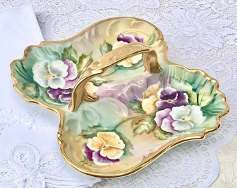 Gold Floral Tray, Two Section Relish Dish, Hand-Painted, Gold Handle & Trim, Artist Signed, Divided Candy Dish, Embossed Dessert Tray