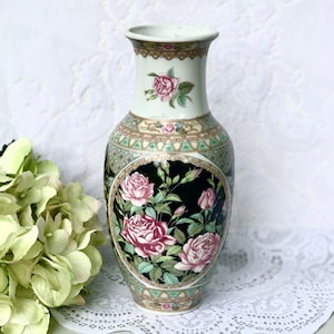 Midnight Rose Vase by Lefton, Pink Roses & Colorful Geometric Designs, Dramatic Black Oval Center, Floral Home Decor, Table Centerpiece